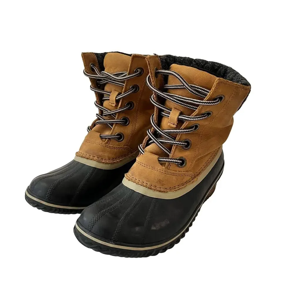 Sorel Duck Boot Size 7.5 Slimpack II Lace Up Brown Leather Gray Wool
